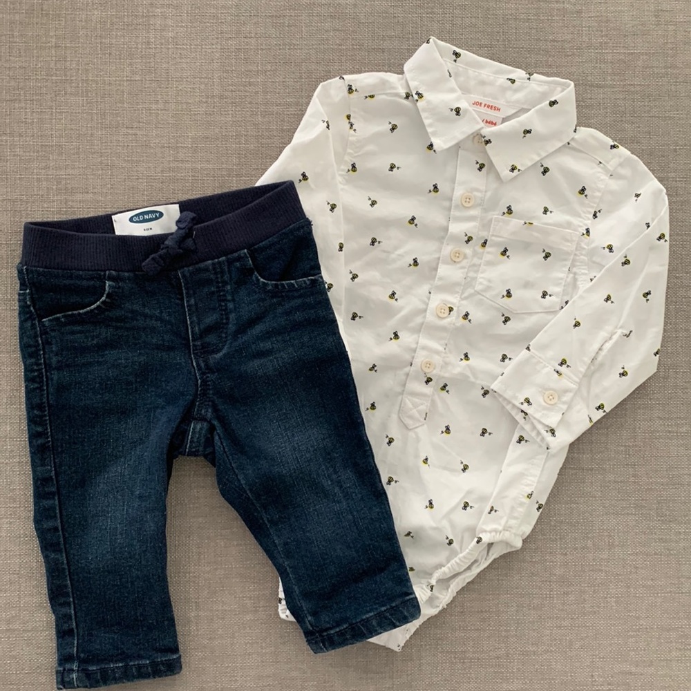 🐝6-12m baby boy outfit - bumble bee dress shirt with jeans